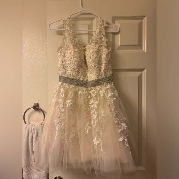 A Line V Neck Short Champagne Lace Formal Prom/Wedding Dress - Picture 5 of 6